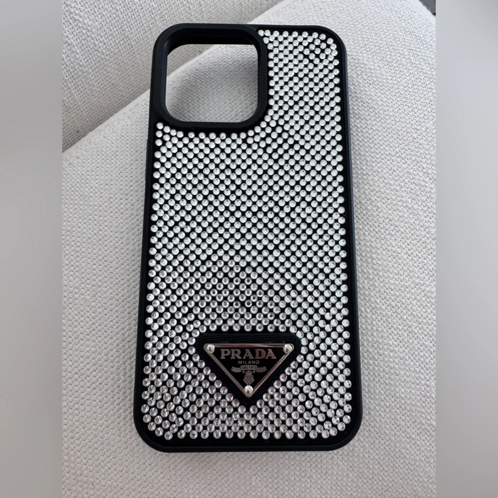 Prada Black Phone Case with Silver Crystal Accents